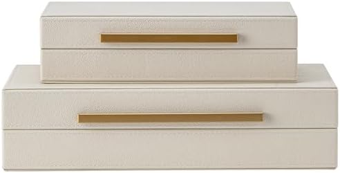 Set of 2 Beige Shagreen Decorative Storage Boxes with Gold Metal ...