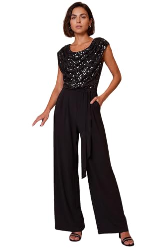 Image of Roman Originals Cowl Neck Ruched Stretch Jumpsuit for Women UK - Ladies Everyday Autumn Winter Comfy Soft Evening Vacation Work Party Night Out - Noir - Size 12