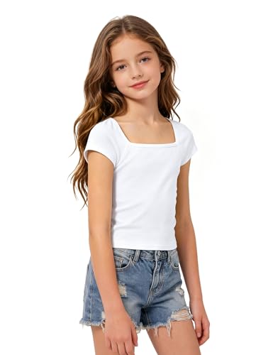 Image of Crop Tops for Girls Short Sleeve Shirt Girls Summer Tops Square Neck Slim Fit Tops Basic Tee
