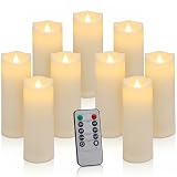 Enido 9pcs Flameless Candles with Remote, 2.2' x 5/6/7' Heat-Resistant Plastic LED Pillar Candles, Battery Operated Moving Wick Fake Candles with Timer, Realistic for Wedding, Outdoor, Home Decor