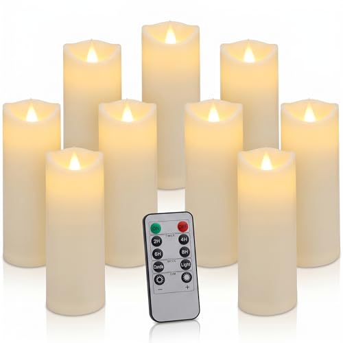 Image of Enido 9pcs Flameless Candles with Remote, 2.2 inch x 5 /6 /7 inch Heat-Resistant Plastic LED Pillar Candles, Battery Operated Moving Wick Fake Candles with Timer, Realistic for Wedding, Outdoor, Home Decor