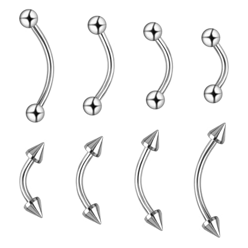 Yolev 8 Pièces Haltère Incurvé Argent Micro Ongles à Lèvres Verticaux Labret Bijoux de Perçage pour Arcade Sourcils Homme Femme en Acier Chirurgical 16G