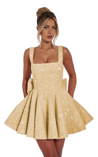 Sparkly Sequin Homecoming Dresses Short with Bow Square Neck A-Line Prom Cocktail Party Gown for Women