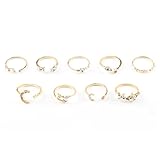 Lotsdonxia 9-Piece Rhinestone Ring Set – Adjustable & Stackable Heart Star Moon Butterfly Golden Boho Style Rings for Parties, Anniversaries, and Daily Wear