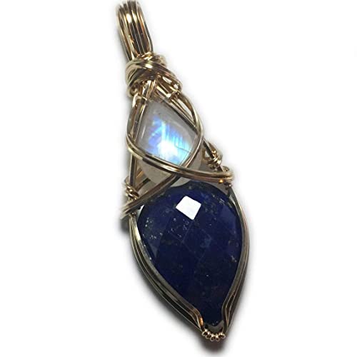 Rocks2Rings Lapis Lazuli and Moonstone Necklace Pendant | Rainbow Moonstone Jewelry | Charged Spiritual Healer Jewelry for Clarity, Intuition & New Beginnings for Women Gift For Her LMG (Gold-Filled)
