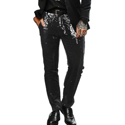 Men's Sequin Dress Pants Straight Leg Shiny Suit Pants Bussiness Casual Work Trousers with Pockets