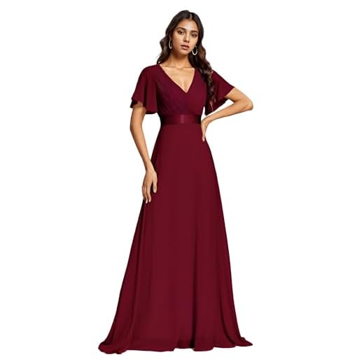 Ever-Pretty A-línea Vestido de Fiesta Cuello en V Manga Corta Gasa Corte Imperio para Mujer Burdeos 34