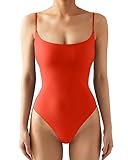 SUUKSESS Women Sexy Square Neck Thong Bodysuit Backless Sleeveless Cami Body Suit Top (Red, S)