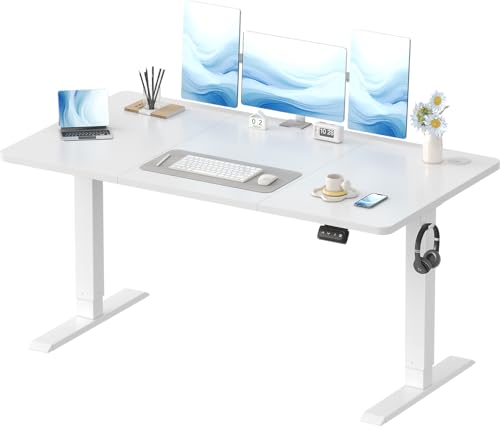 Devoko Electric Standing Desk 140x60cm, Height Adjustable Desk Ergonomic Stand up with 2 Memory Preset, White