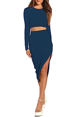 Pink Queen Women's 2 Piece Fall Outfits Set Long Sleeve Crop Top Bodycon Slit Midi Skirt Sets Ribbed Knit Winter Dress2