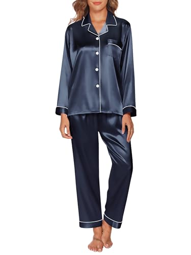 GAESHOW Conjunto de Pijama de Seda de Satén para Mujer, Conjunto de Manga Larga con Botones, Ropa de Dormir, Ropa de Descanso, Conjuntos de Dos Piezas, S-XXL(XL)