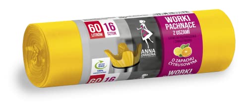 ANNA ZARADNA ST-AZ-033645 Bolsas de basura con asas, 60 l de grosor, 16 unidades, aroma cítrico, bolsas de basura para la oficina de basura doméstica, de lámina HDLD, color amarillo
