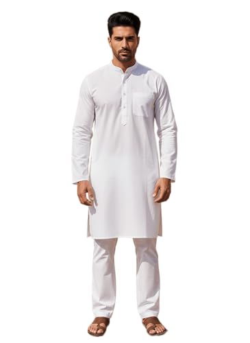 Image of Men's Solid Regular Fit Ethnic Wear White Kurta Pajama Set with Front Pocket