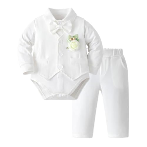 Image of Dressy Daisy Baby Boy 5 Piece Formal Suit Set for Wedding and Birthday | Vest, Shirt, Pants, Bow Tie, Boutonniere, Christening, Holiday Photoshoot Outfit