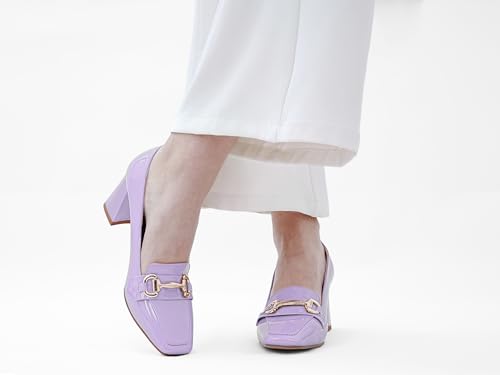 Image of Womens Mid Block Chunky Heeled Loafers Closed Square Toe Patent Leather Comfortable Slip On Pumps Metal Chain Basic Classic Casual Work Office Dress Shoes 2.8 Inches Heels