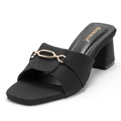 Image of Women's Block Heel Mule Sandals | Stylish Slip-On Heels with Metal Chain Detail | Cushioned Footbed | Square Toe Fashion Slides for Party, Office & Casual Wear