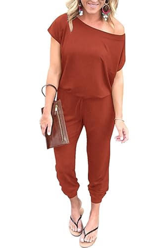 Image of PRETTYGARDEN Jumpsuits for Women Summer Off Shoulder Romper | Short Sleeve Drawstring Waist, Jogger Jumpers with Pockets, One Piece Spring Break Outfits, Vacation Travel Lounge Clothes