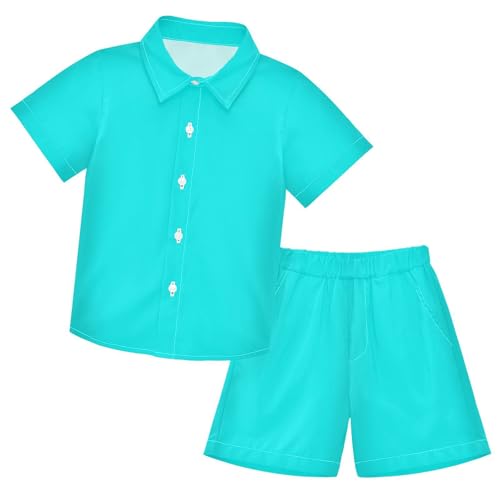 Image of 3T Toddler Boy Shorts Set Teal Hawaiian Button Down Shirts Summer Outfits for Little Boy
