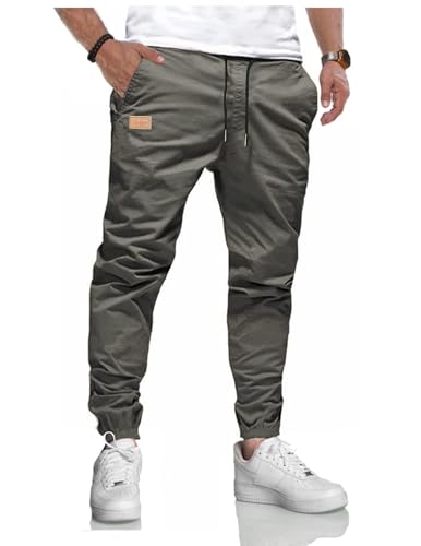 LIUPMWE Herren Hose Chino Cargohose Jogginghose Baumwolle Casual Sporthose Sweatpants Herren mit Taschen Freizeithose Elastische Taille mit Kordelzug,M,Grau