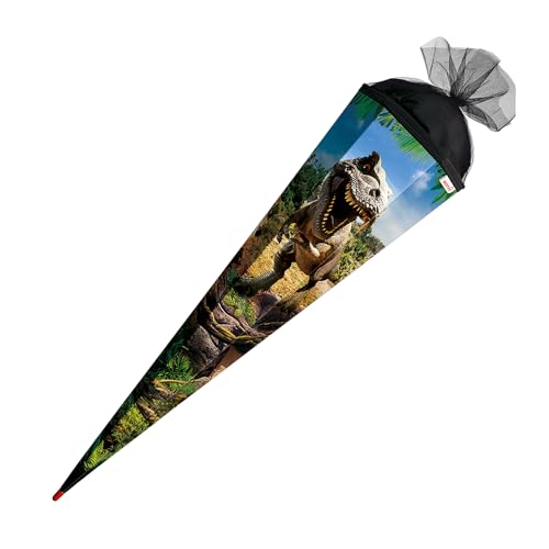 ROTH 10278794 Schultüte Tyrannosaurus 85 cm groß, runde Zuckertüte mit Tüllverschluss, Geschenkverpackung zur Einschulung, Schwarz