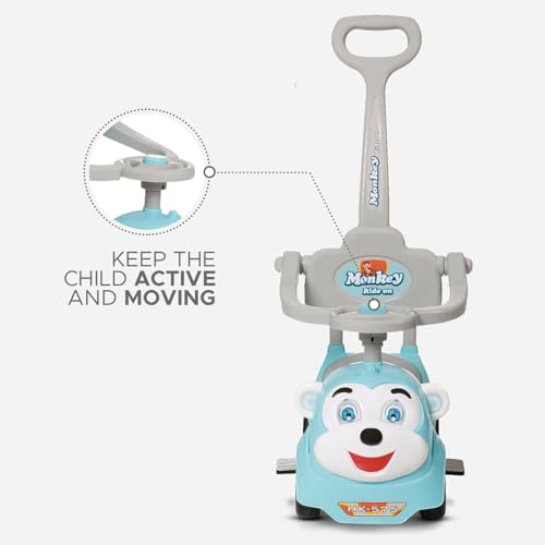 Pampam Monkey 3-in-1 Kids Ride-on Car with Parent Handle, Musical Features, Blue with 1 Year Warranty