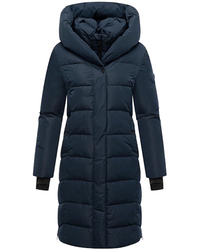 Navahoo Damen Langer Wintermantel warmer Steppmantel mit abnehmbarem Kragen-Einsatz Laubzauber 14 Navy Gr. M