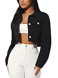 MakeMeChic Women's Cropped Jean Jacket Casual Long Sleeve Ripped Frayed Hem Denim Jacket Petite Black Petite L