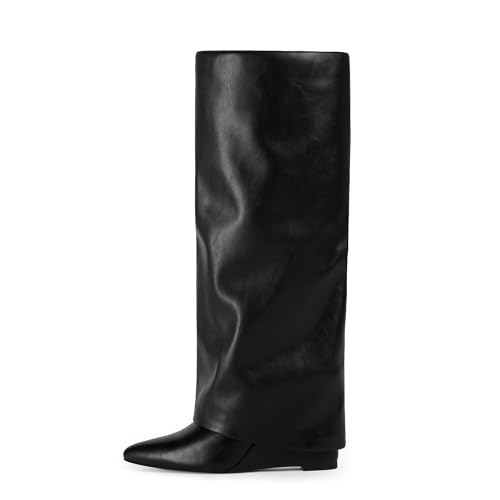 Modatope Knee High Boots Women Fold Over Boots Wedge Heel Slouchy Tall Boots Zipper Pointed Toe Dress Fall Long Boot for Women2