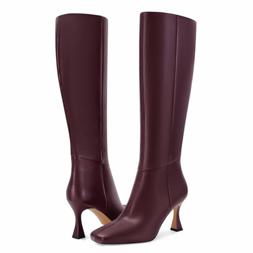 Image of Dsevht Black Leather Knee High Boots for Women Stiletto Kitten Heeled Sexy Boots Square Toe and Side Zipper Design Fashion Dress Boots