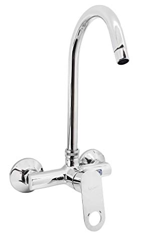 Image of Aquieen Wall Mounted Single Lever Sink Mixer with Provision for Hot & Cold Water with 360 Degree Rotating Hi-Neck Spout, Connecting Legs & Wall Flanges (Ornamix)