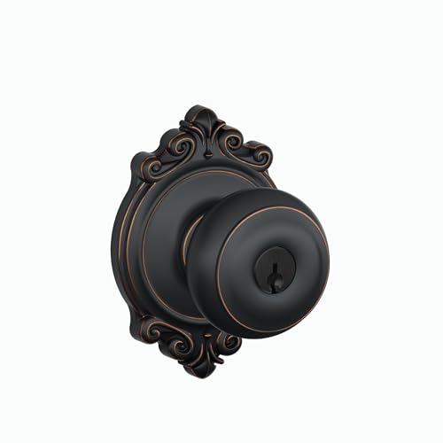 Image of SCHLAGE F51A GEO 716 BRK Georgian Knob with Brookshire Trim Keyed Entry Lock, Aged Bronze