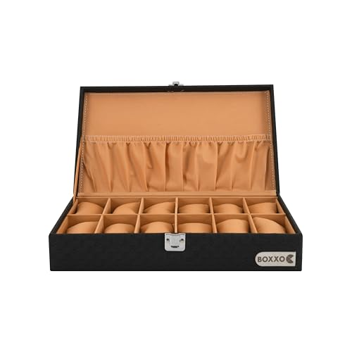 Image of BOXXO 12 Slot Watch Organizer Box for Men & Women - Premium PU Leather Watch Case, Soft Velvet Cushions & Glass Lid Display, Elegant Storage Box - 34x20x8 cm (Black /Cream, 12 Slots)