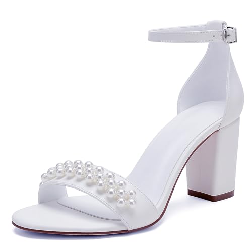 Open Toe Chunky Block Heels Satin Pearl Wedding Shoes for Bride High Heels Sandals Bridal Shoes Evening Prom Party Dress Shoes Pumps for Women