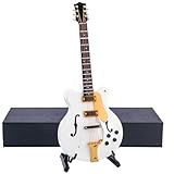Dselvgvu Guitarra elétrica em miniatura de madeira com suporte e estojo Mini instrumento musical réplica de guitarra elétrica estatuetas colecionáveis modelo decoração de casa ornamento de exibição
