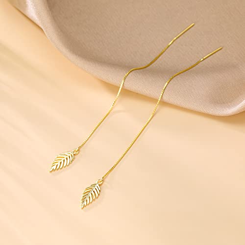 Sluynz 925 Sterling Silver Leaf Dangle Earrings Chain For Women Teen Girls Ear Line Threader Earrings (C-Gold) #TOP3