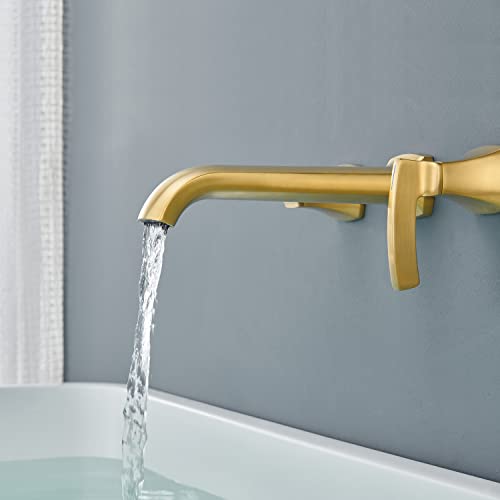 Qinkell Wall Mount Tub Faucet High Flow Roman Tub Filler Long Spout Reach Brushed Gold Bathtub Faucets With 2 Handles #TOP4