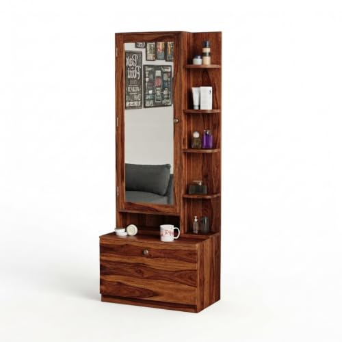 Image of Rajasthali Furniture Wooden Dressing Table with Mirror, Vanity Table for Bedroom with Storage Drawer & Open Shelves, Makeup Table with Mirror Cabinet, Dressing Unit for Home Furniture (Honey Finish)