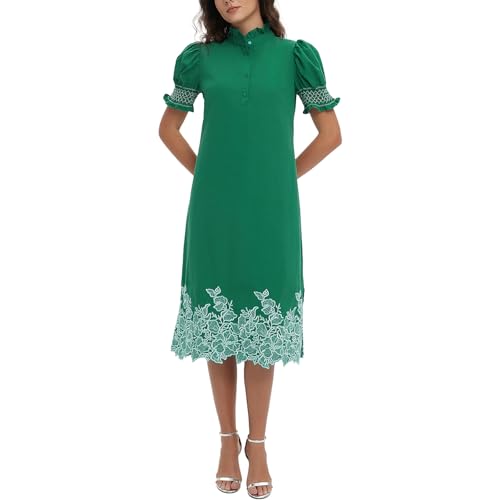 Womens Casual Shirt Dress Button Down Short Sleeve Midi Dress Flower Embroidery Slit Spring Summer Fall Fashion Dresses
