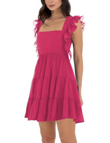 Image of Women's Summer Square Neck Tie Back Ruffle Sleeve Tiered Casual A-Line Short Mini Dress