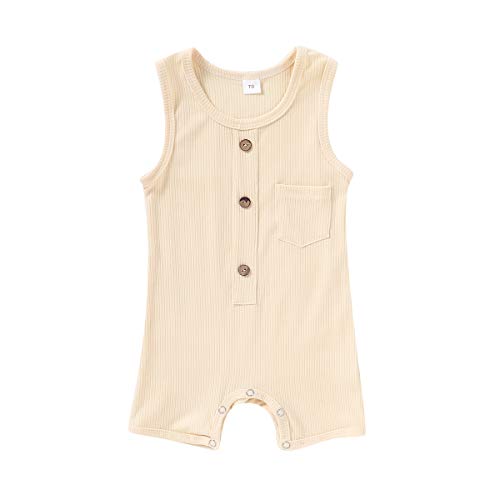 Newborn Baby Boys Girls Onesies Romper Outfit Sleeveless Button Short Jumpsuit Summer Bodysuit Clothes Set (Beige-1, 6-12 Months)