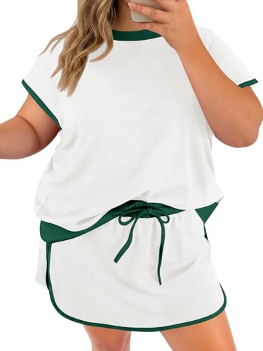 Beautife Womens Plus Size 2 Piece Shorts Set Summer Short Sleeve Color Block Shirts and Skort Casual Matching Sets