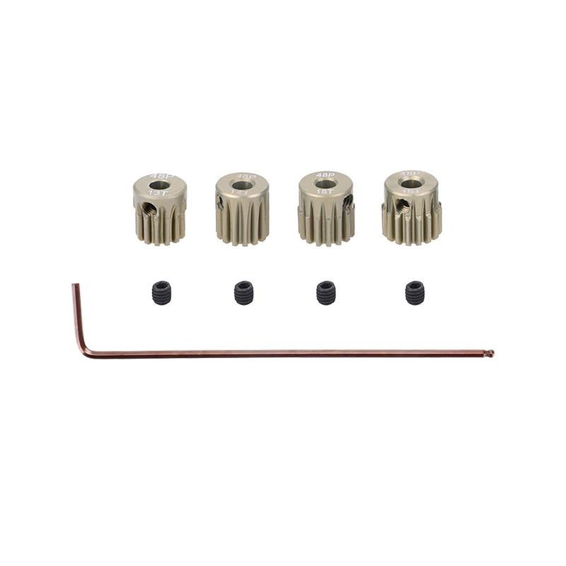 4pcs Set 48P Hardened Aluminum Alloy Pinion Gear Assortment with Hex Key, for Arrma HPI Kyosho Losi Axial Traxxas Tamiya Associated 1/10 RC Car/Truck, 3.175mm Shaft Motor Gear (13T-14T-15T-16T)