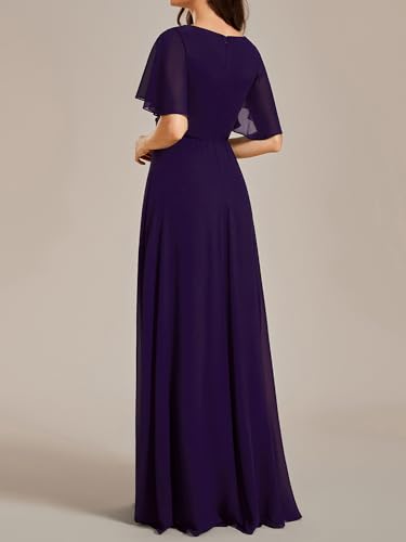 Image of Ever-Pretty Women's Spring Short Sleeve Bridesmaid Dresses V-Neck Chiffon Ruched Empire Waist Appliques Long Formal Dress
