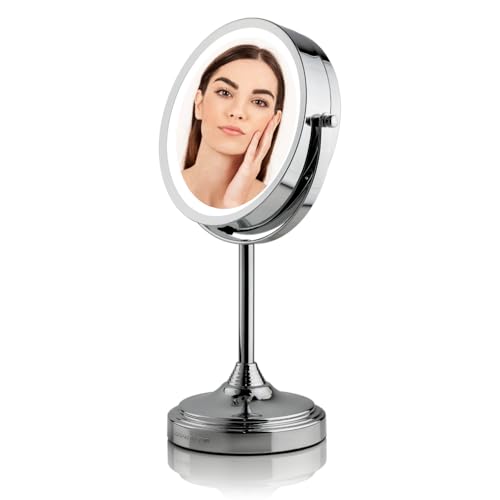 Image of OVENTE 7'' Lighted Magnifying Makeup Mirror, Polished Chrome MCT70CH1X7X | Cordless Tabletop Vanity Mirror with 1X /7X Magnification, Battery Operated, 360 Swivel Design, Cool-Tone LED Lights