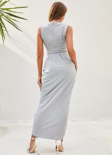 Image of ZAFUL Women's Casual Sleeveless Summer Two Piece Outfits Crop Top and Side Split Draped Ruched Maxi Skirt Set Solid Suiting