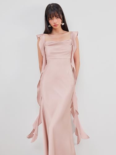 CIDER Maxi Dress Ruffle Hem Cowl Neck Satin Wedding Guest Dresses Formal Cocktail Party Sleeveless Midi Waist Dress2