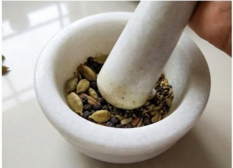 Image of Premium White Marble Mortar and Pestle Set (Okhli /Masher) | Solid Stone Grinding Bowl for Spices, Herbs, Garlic, and Masala | Natural, Heavy, Non-Porous Kitchen Tool (White, 4 Inch)