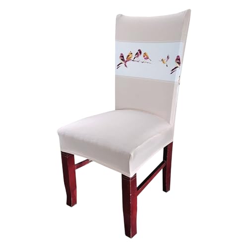 Image of House of Quirk Elastic Chair Cover Stretch Removable Washable Short Dining Chair Cover Protector Seat Slipcover (Pack of 1, Beige Bird)
