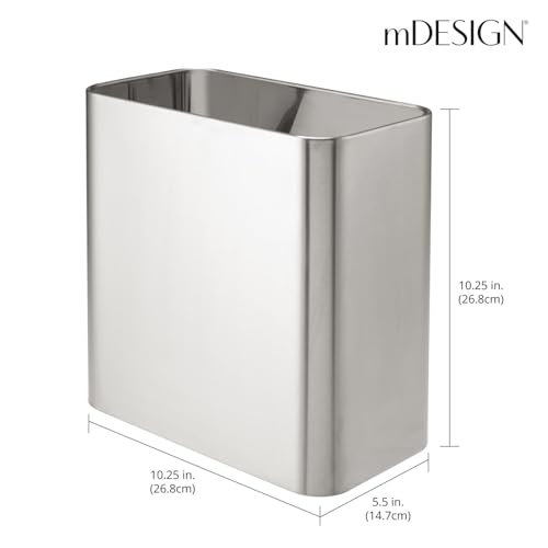 Image of mDesign Small Metal 2.4 Gallon /9 Liter Trash Can Wastebasket Garbage Bin for Bathroom, Slim Rubbish Waste Bin Trashcans - Mirri Collection - Brushed Chrome (Pack of 3)