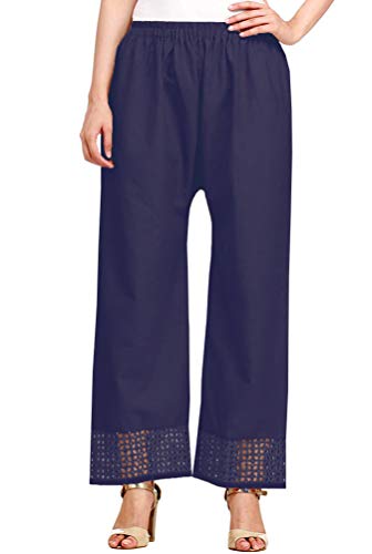 Vastraa Fusion Women's Wear Khadi Cotton Palazzo Pants, Colour-Blue, Size-Large
